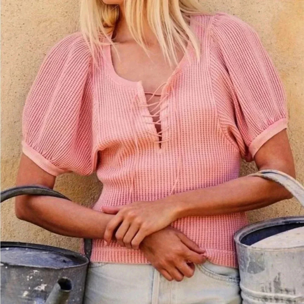Free People FO One Top Hayden Pink Lace UpThermal Top puffed sleeve cute size xs